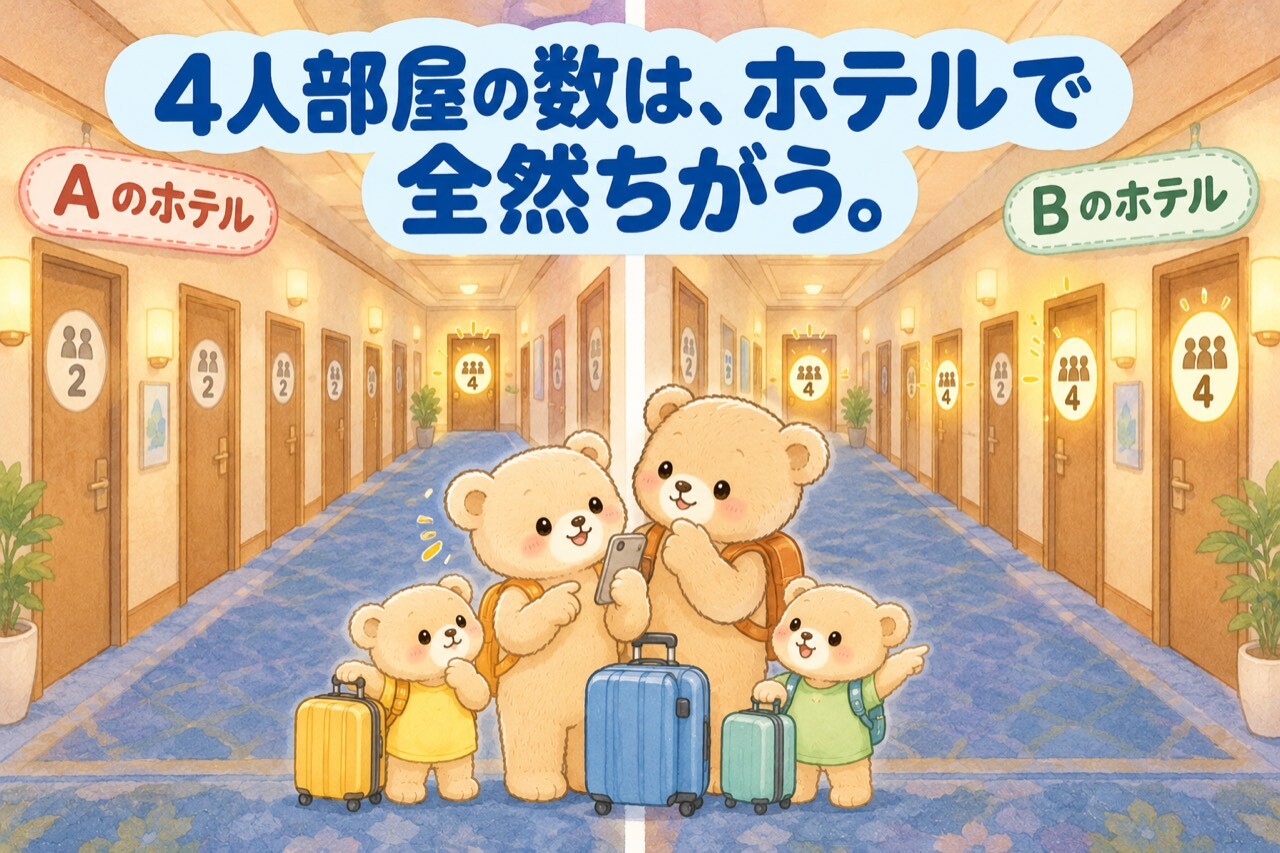 左右対比のイラスト。左「Aのホテル」の廃下はドアの定員表示が「2」ばかりで、奥に1つだけ「4」の部屋が光っている。右「Bのホテル」の廃下は「4」の部屋がいくつも光っている。中央でクマの家族4人がスーツケースを持ち、スマホで見比べている。同じ空港ホテルでも、4人で泊まれる部屋の数はホテルによって大きく違うことを表している。