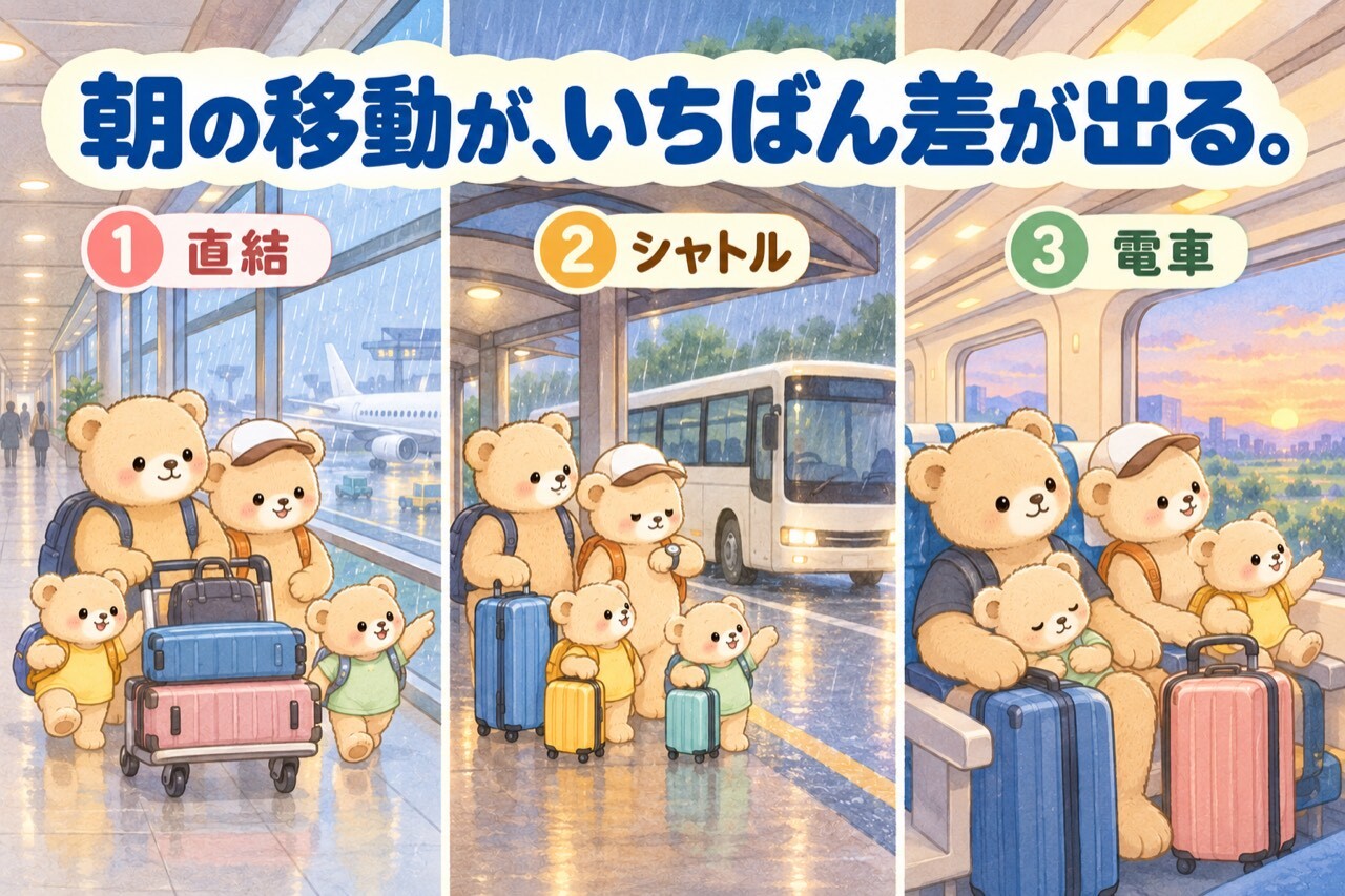 空港までの移動を三つ並べたイラスト。①直結は屋内の通路をカートを押して歩き、窓の外は雨だが家族は濡れていない。②シャトルは屋根付きのバス停でスーツケースを持ち、ママぐまが時計を見ながらバスを待っている。③電車は車内の座席でスーツケースを足元に置き、子ぐまが寄りかかって眠っている。同じ早朝でも、空港までの行き方で朝の楽さが変わることを表している。