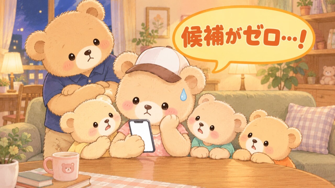 家のリビングでスマホの宿泊予約サイトを見るママぐま。検索結果が真っ白で、頭の横に青い汗のしずくが浮かんでいる。「候補がゼロ…!」という吹き出しつき。まわりでパパぐまと子ぐま3匹が心配そうにのぞきこんでいる、5人家族のイラスト。京都のホテルを5人で検索すると候補がほとんど出てこないことを表している。