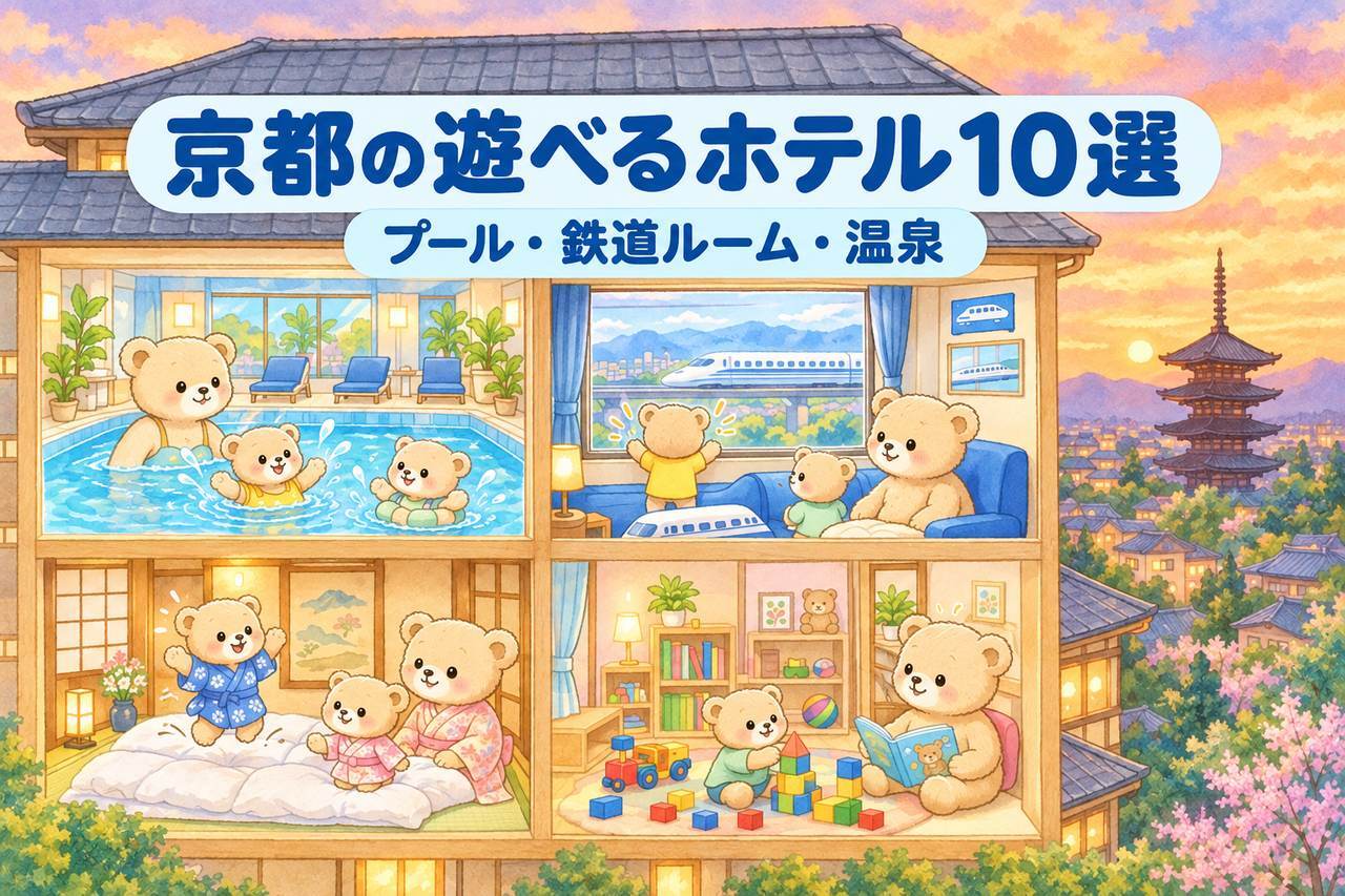 京都の「遊べるホテル」10選のアイキャッチ。ホテルの建物を断面図で描いたイラストで、4つの部屋でクマの親子が遊んでいる。左上は室内プールで泳ぐ子グマ、右上は窓の外を走る新幹線に大喜びする子グマ、左下は畳の和室で浴衣を着て布団の上で跳ねる子グマ、右下は絵本と積み木のある部屋で遊ぶ子グマ。建物の外には夕暮れの京都の街並みと五重塔が見える。