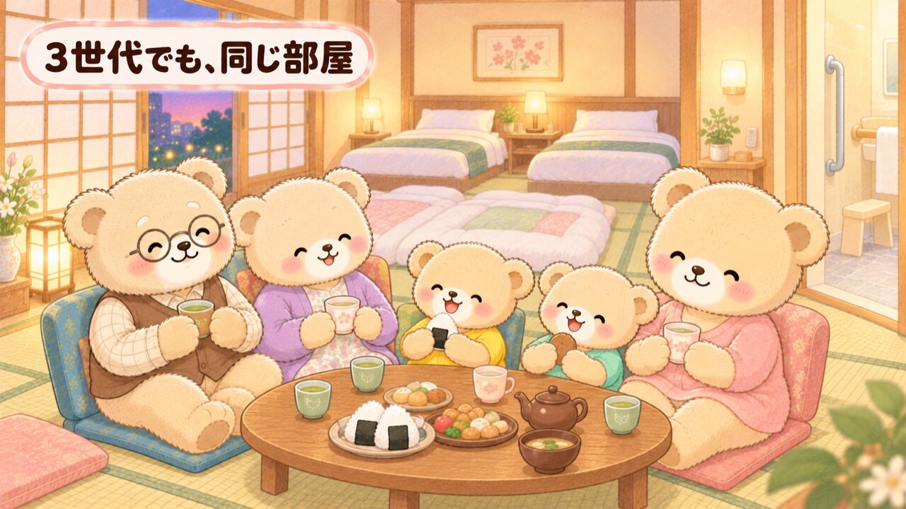 ホテルの和洋室の畳スペースで、丸メガネと茶色いベストのじぃじぐま、うす紫のカーディガンのばぁばぐま、ママぐま、子ぐま2匹の合計5人がちゃぶ台を囲んでお茶とおにぎりを楽しんでいるイラスト。じぃじとばぁばは座椅子に座っている。奥には布団とベッド2台、右手には手すりのついた浴室の入口が見える。「3世代でも、同じ部屋」の文字入り。