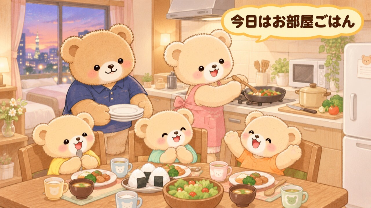 キッチン付きのホテルの客室で、ピンクのエプロンを着たママぐまがフライパンで料理をし、パパぐまがお皿を運んでいる。テーブルではおにぎり・サラダ・味噌汁を前に子ぐま3匹がうれしそうに待っている。奥にはコンロ・電子レンジ・冷蔵庫・鍋・まな板が見え、窓の外は夕方の街の明かり。「今日はお部屋ごはん」の吹き出しつきイラスト。