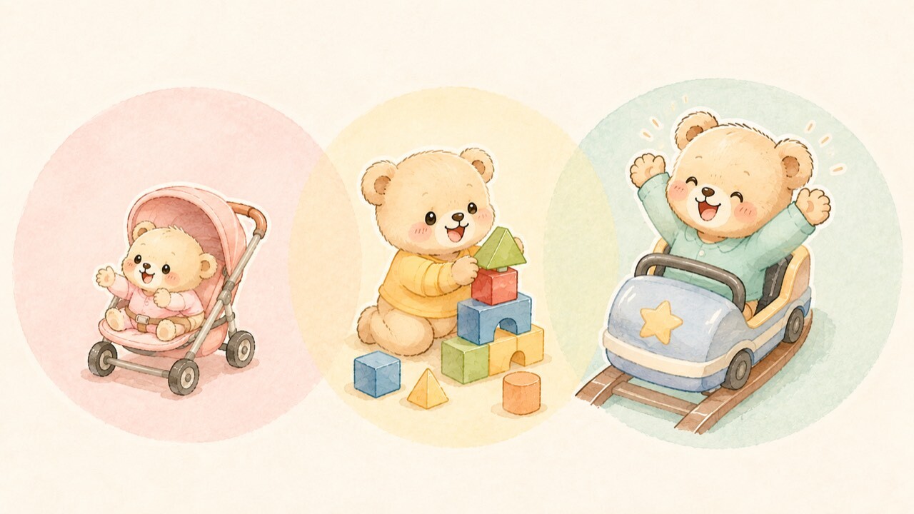Illustration of bear children of different ages playing in different ways — age guide for visiting Odaiba and Toyosu with kids