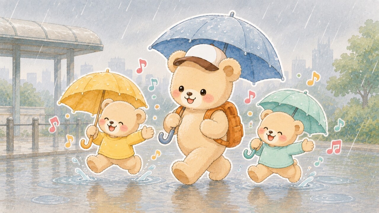 Illustration of a bear family heading to the station under umbrellas on a rainy day — Odaiba and Toyosu shine as a rainy-day Tokyo itinerary for kids