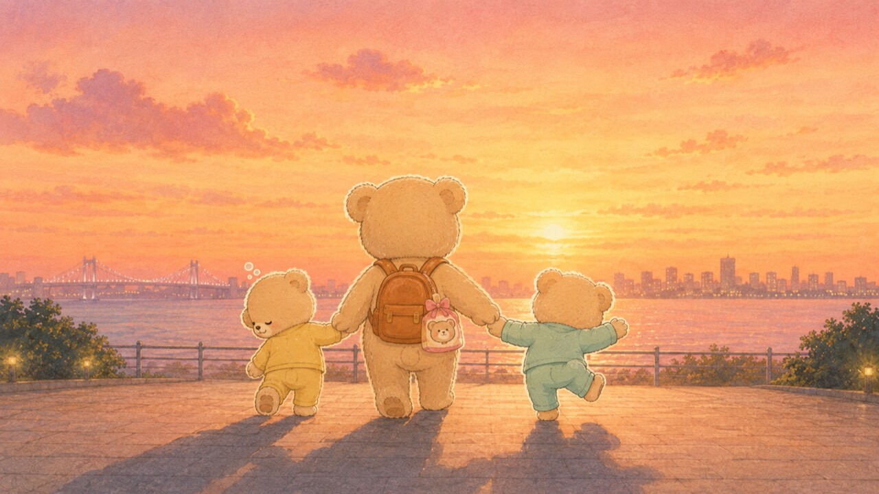 Illustration of a bear family heading home at sunset after a full day in Odaiba and Toyosu
