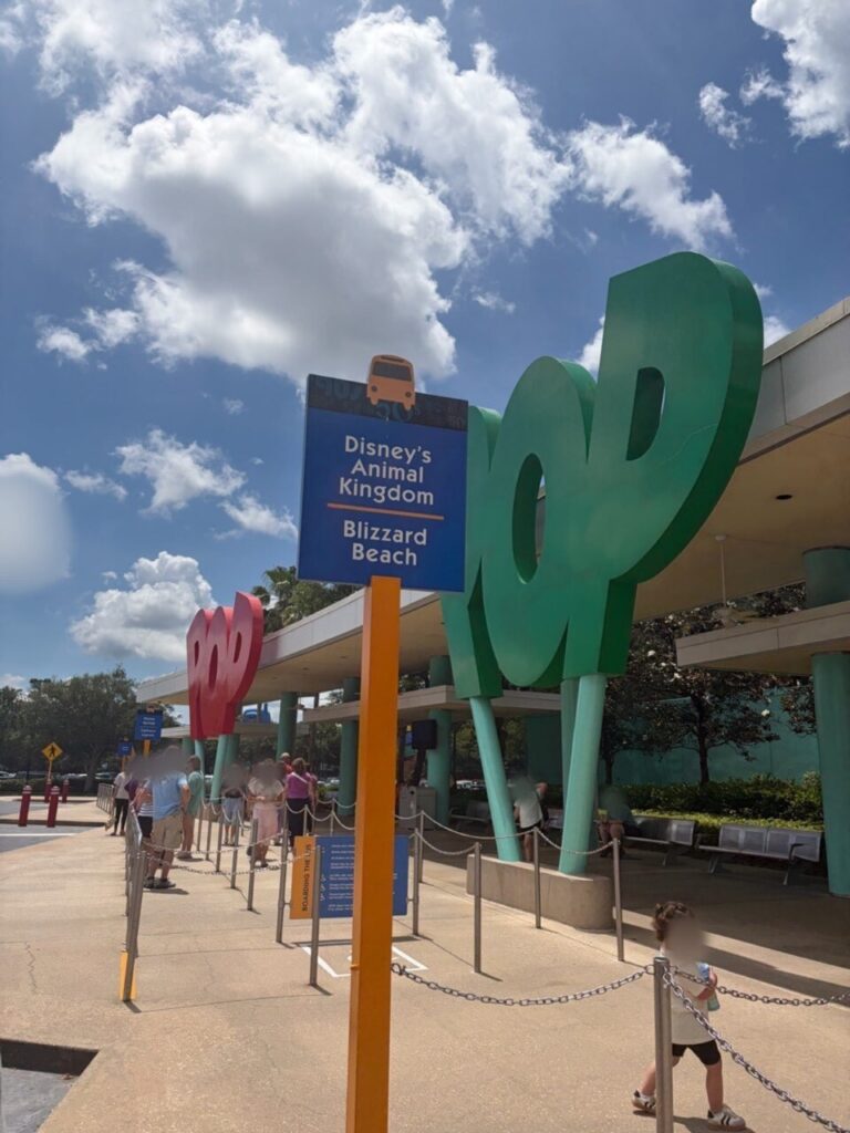 ディズニー・ポップセンチュリー・リゾートのバス停の案内表示。1枚の看板に「Disney's Animal Kingdom」と「Blizzard Beach」が併記されており、同じ乗り場から乗ることが分かる