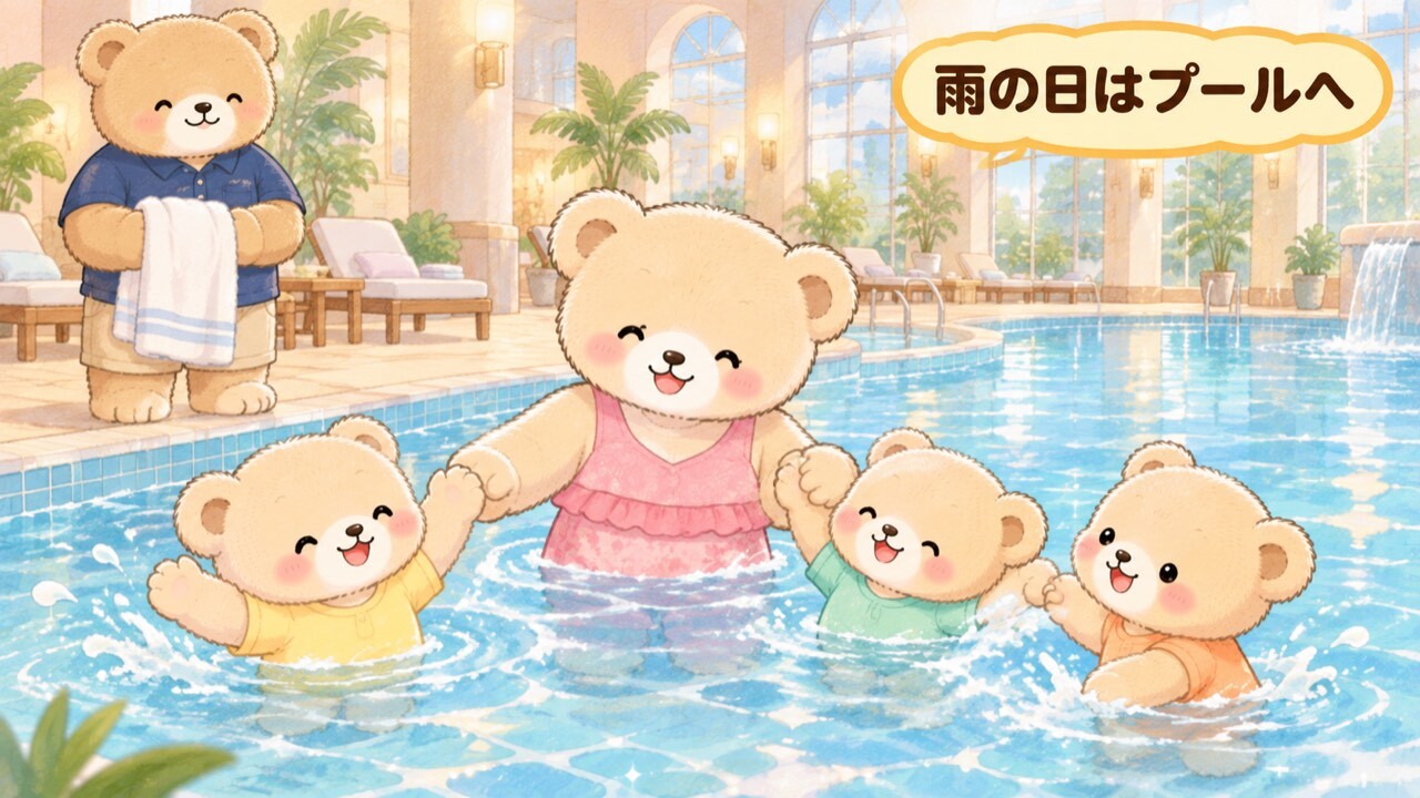 ホテルの室内プールで、ピンクの服のママぐまが水の中で子ぐま3匹(黄色・ミントグリーン・オレンジのシャツ)と手をつないで遊んでいるイラスト。プールサイドではパパぐまがタオルを持って待っている。天井が高くアーチ窓から光が差し込み、観葉植物とデッキチェアが並ぶ落ち着いた雰囲気。「雨の日はプールへ」の吹き出しつき。