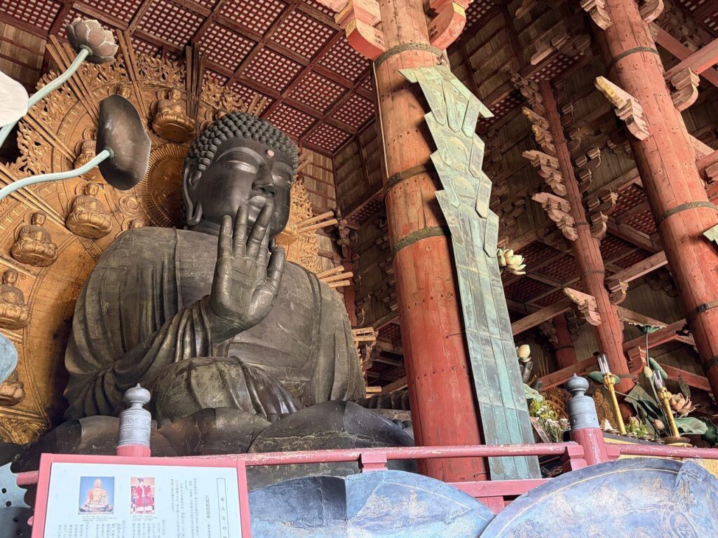 東大寺大仏殿の中の大仏を斜め下から見上げたところ