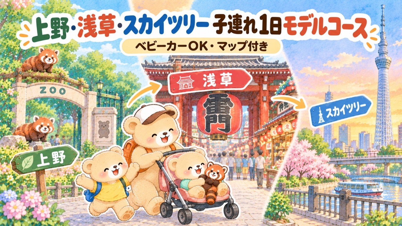 上野動物園・浅草雷門・東京スカイツリーを1日で巡るクマの親子のイラスト。ベビーカーOKの子連れ1日モデルコース