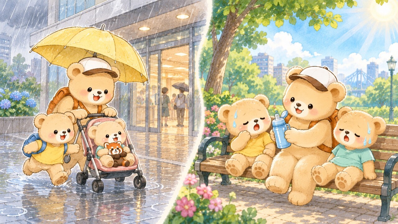 雨の日と猛暑日の上野での過ごし方を比べたイラスト。左は雨の中、傘をさしてベビーカーを押しながら屋内施設へ向かうママぐまと子ぐま。右は暑さで汗をかきベンチで休み、水筒で水分補給する親子。天気の悪い日や暑い日は屋内に切り替えるとよいことを表しています。