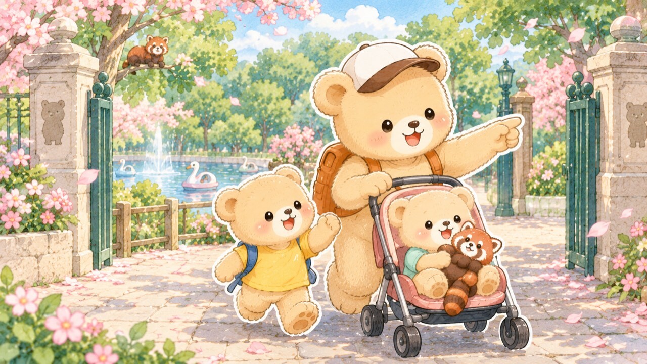 上野動物園の門を出て、ベビーカーを押しながらランチのお店へ向かうママぐまと子ぐまのイラスト。背景には不忍池とスワンボート、木の上のレッサーパンダが描かれています。