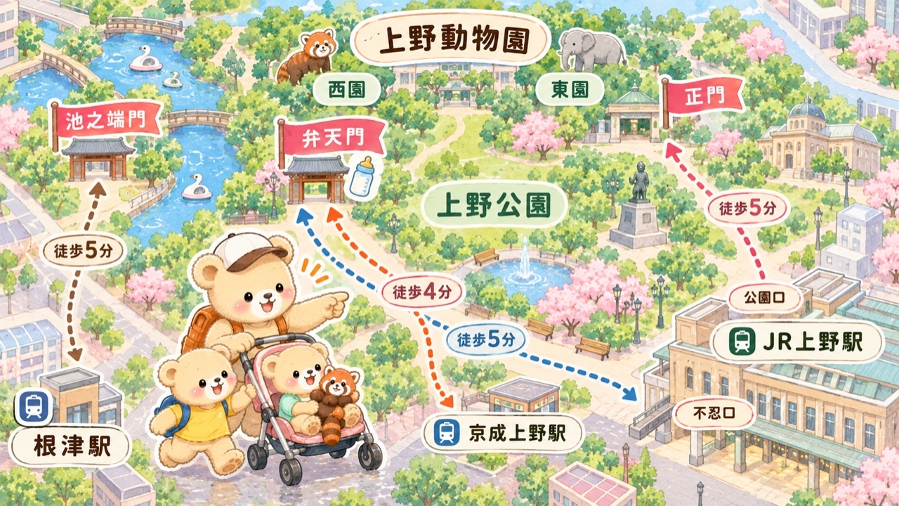 上野動物園の3つの門(正門・弁天門・池之端門)とJR上野駅の公園口・不忍口、京成上野駅、根津駅の位置関係を示したイラストマップ。公園口から正門へ徒歩5分、不忍口・京成上野駅から弁天門へ徒歩5分・4分、根津駅から池之端門へ徒歩5分