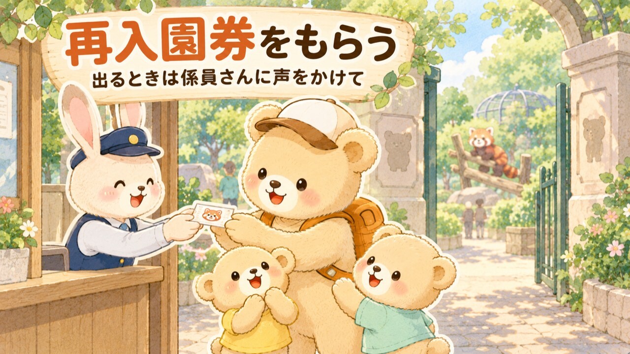上野動物園の出口で、係員から紙の再入園券を受け取るママぐまと子ぐま2匹のイラスト。ランチのために一度外に出るときは、出口で係員に声をかけて再入園券をもらう必要があることを表しています。門の奥にはレッサーパンダの姿も見えます。