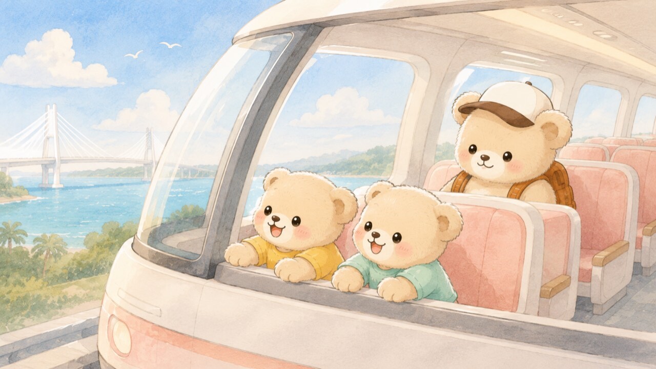 Illustration of a bear family enjoying the sea view from the front seats of the driverless Yurikamome train