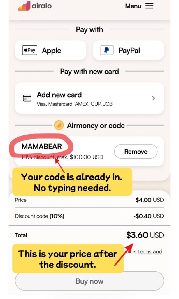 Airalo checkout with the MAMABEAR code already applied, 10% off bringing the total to $3.60 USD