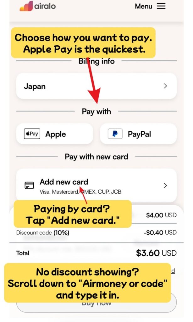Airalo checkout showing Apple Pay, PayPal and Add new card payment options