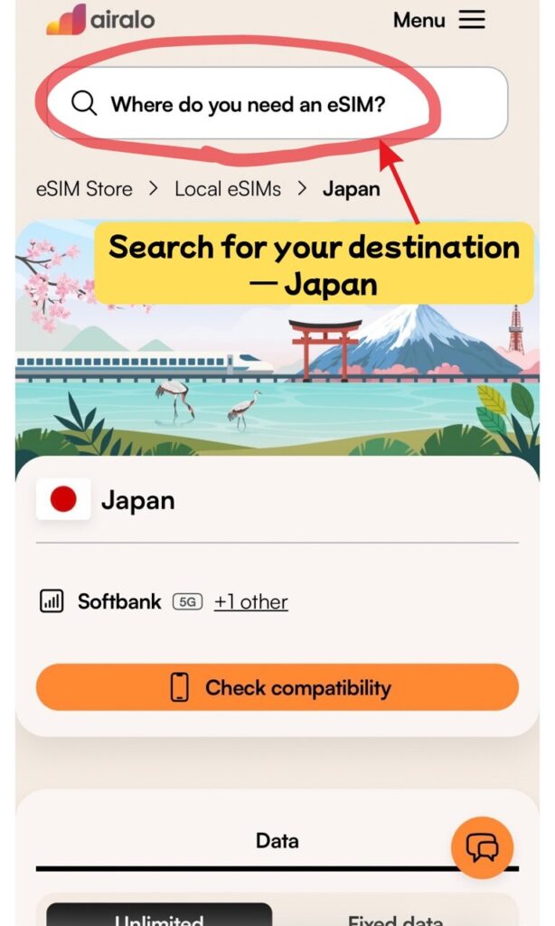Airalo website on a phone, searching for Japan in the destination field