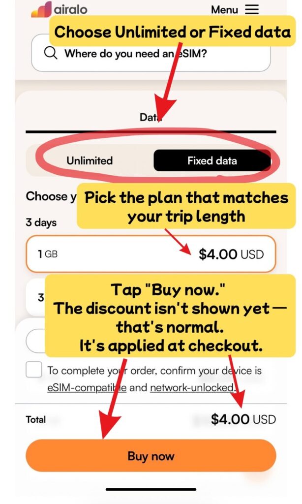 Airalo Japan eSIM plans in USD, with the Fixed data tab selected and a Buy now button