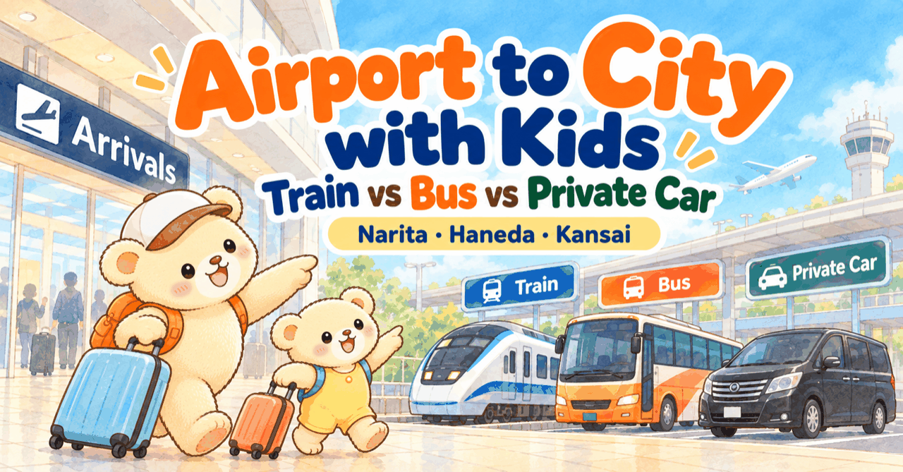 Illustration of a mama bear and cub with suitcases leaving airport arrivals, with the text "Airport to City with Kids – Train vs Bus vs Private Car – Narita, Haneda, Kansai" and a train, bus and private car waiting outside