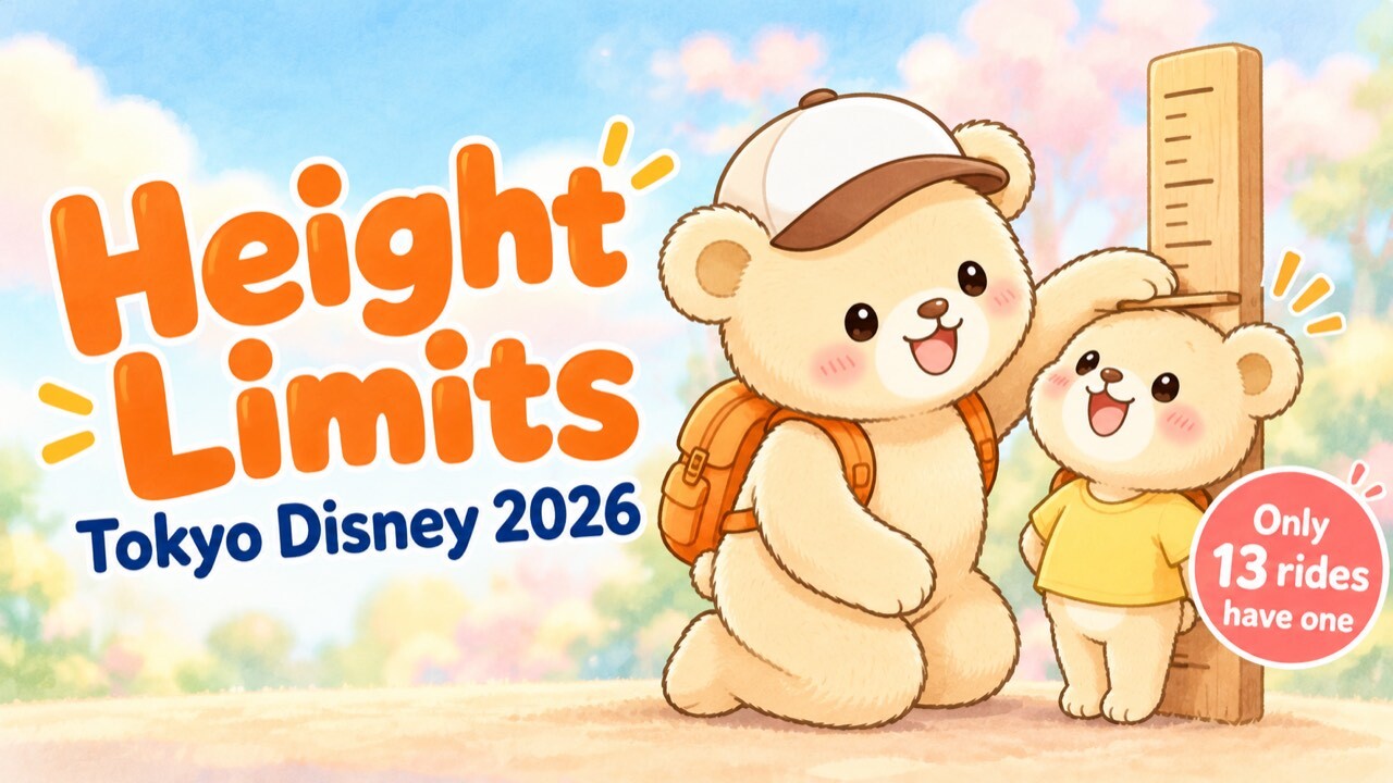 Illustration of a smiling mama bear measuring her cub against a wooden height chart, with the text "Height Limits – Tokyo Disney 2026" and a badge reading "Only 13 rides have one"