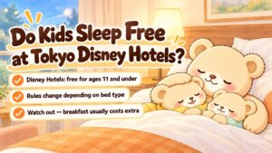 Travel Mama Bear and two cubs sleeping in one hotel bed — kids 11 and under sleep free at Tokyo Disney Hotels